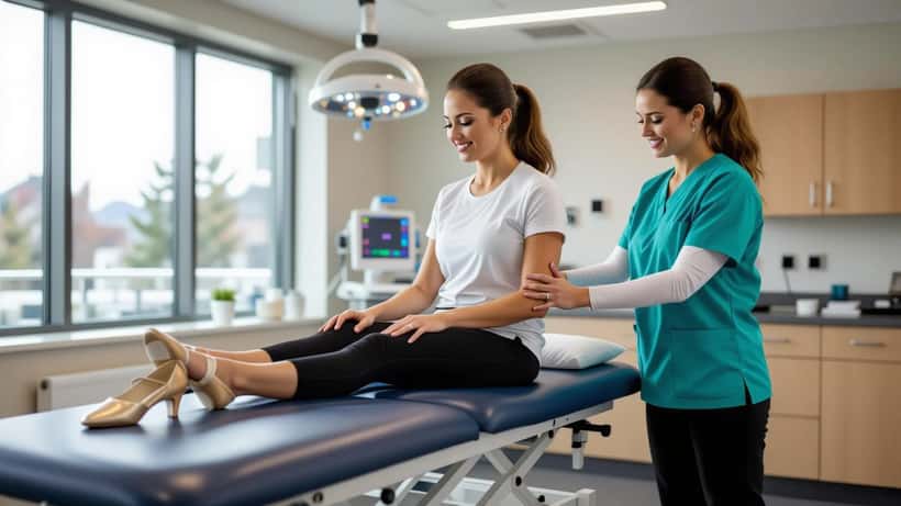 Woman in dance attire being examined by a physiotherapist in a modern Canadian clinic