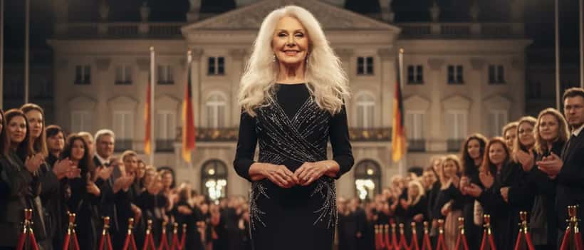 Elegante 80-jährige Frau mit blondem welligen Haar im schwarzen Abendkleid auf einem roten Teppich, strahlendes Lächeln unter warmen Scheinwerfern