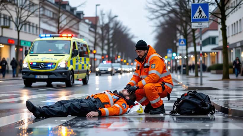 Sanitäter an einer Unfallstelle an einer Kreuzung in Pulheim mit Rettungswagen im Hintergrund