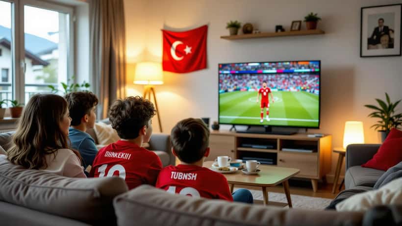 Famille suisse d'origine turque regardant le match Turquie-Paraguay de la Coupe du Monde 2026 dans leur appartement de Zurich