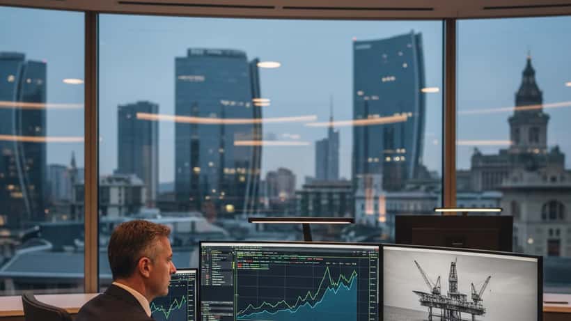 Consulente finanziario italiano che analizza grafici azionari di Saipem su monitor a Milano