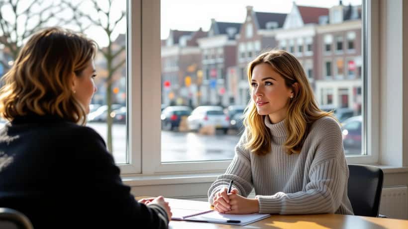 Vrouw in psycholoog-consult in Amsterdam, licht door raam, notitieboek op tafel