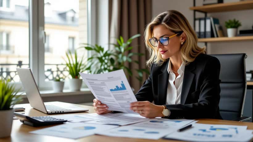 Femme consultant des documents fiscaux et un bilan de placements sur un bureau parisien