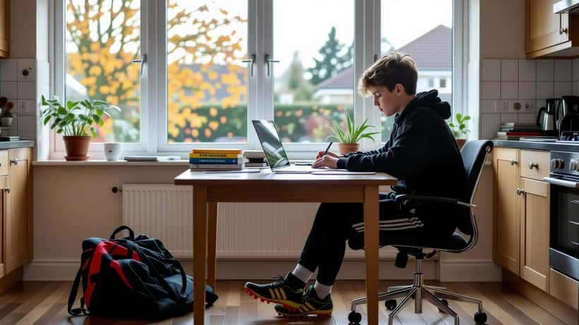 Teenage academy footballer in training kit doing homework at a kitchen table with boots and kit bag beside him