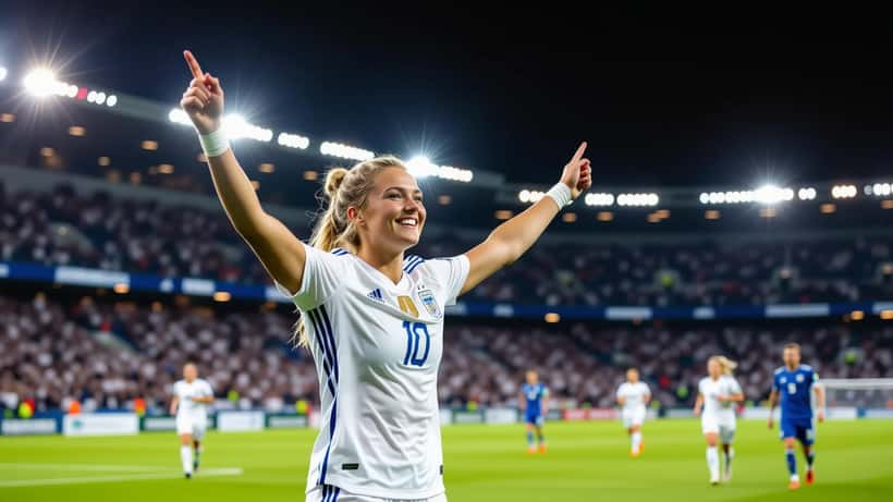 Suomalainen jalkapalloilija juhlistaa maalia Nations League -ottelussa Helsingissä stadionvalojen alla
