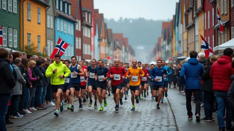 Maratonløpere med startnummer jogger forbi Bryggen i Bergen en overskyet vårmorgen