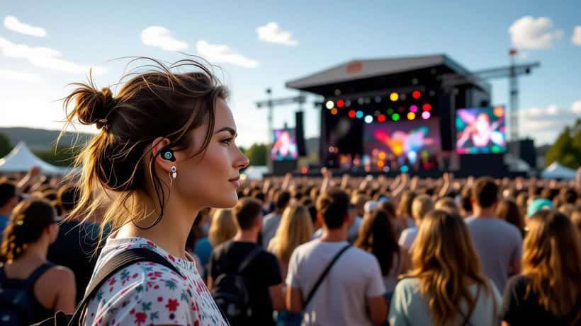 Festivalgoer wearing concert earplugs at Radio 2 in the Park outdoor music festival, Stirling 2026