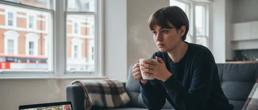 Young person sitting alone looking stressed and thoughtful with a laptop showing a competition show