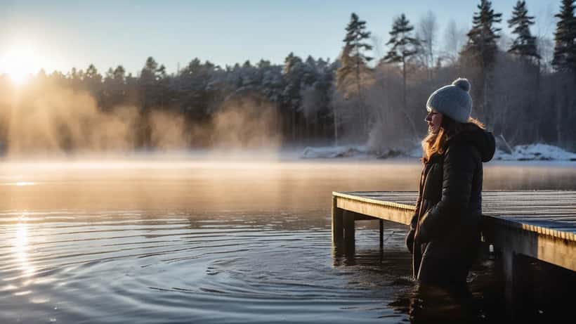 Kvinna som kliver ner i isvak vid frusen sjö i norra Sverige, vintermorgon
