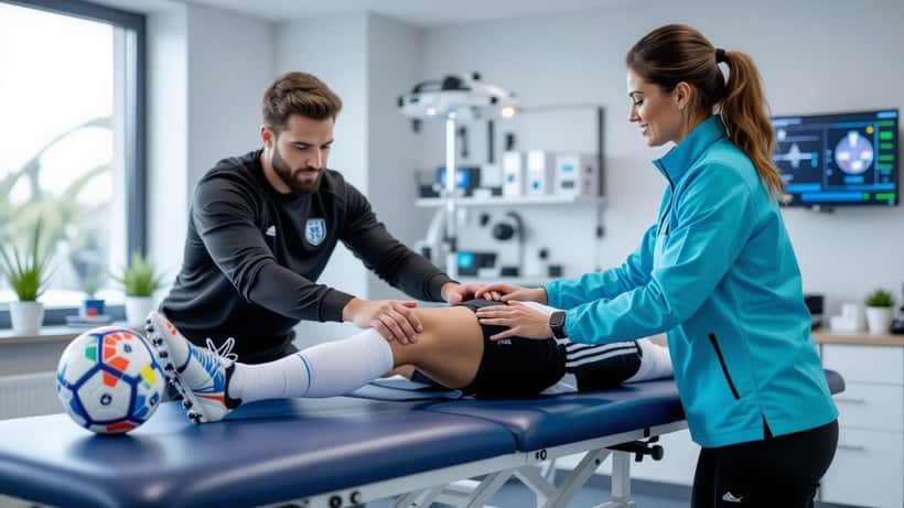Fisioterapista esamina il ginocchio di un portiere in una clinica di medicina sportiva moderna