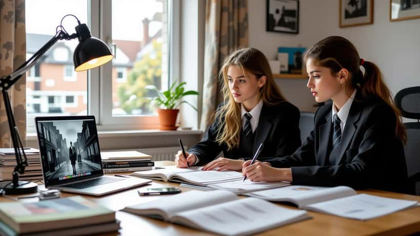 British GCSE student studying noir genre at bedroom desk with laptop showing 1930s film noir scene and open Media Studies textbooks