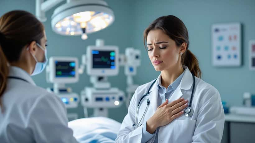 Patient pressing hand to chest during medical examination for shortness of breath