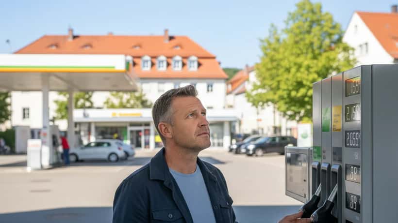 Autofahrer an einer deutschen Tankstelle blickt auf den Preisanzeiger bei hohen Spritpreisen 2026