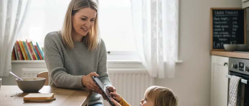 British mother calmly limiting toddler's tablet screen time at home in 2026