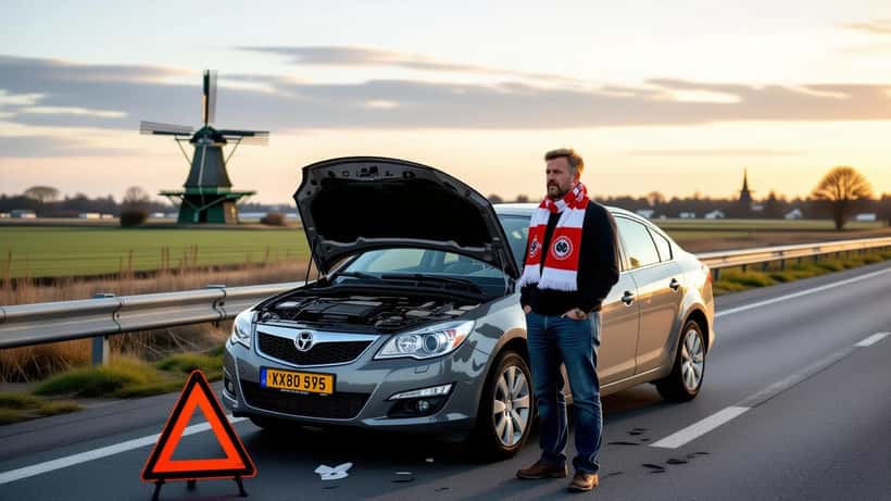 Excelsior Rotterdam supporter met pech op de Nederlandse snelweg A32 richting Leeuwarden