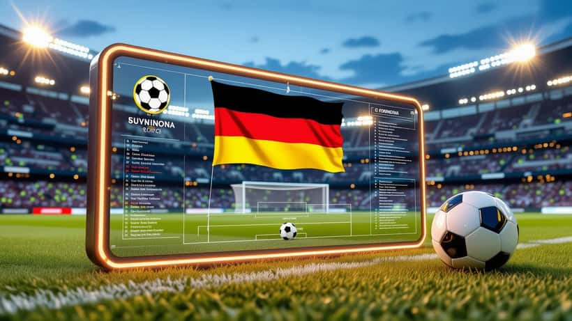 Digitale Tabelle der FIFA Fußball-WM 2026 mit deutscher Flagge und Stadionatmosphäre