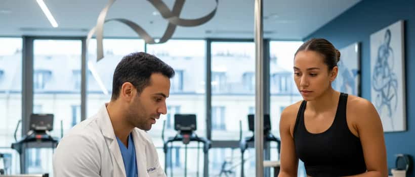 Athlète féminine sur table de kiné avec cheville bandée, médecin du sport en consultation