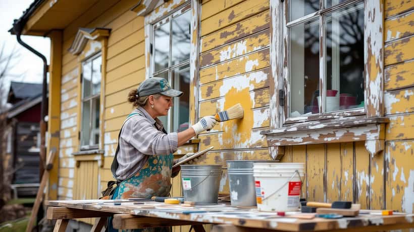 Restaurointimaalari entisöi vanhan puutalon julkisivua telineillä