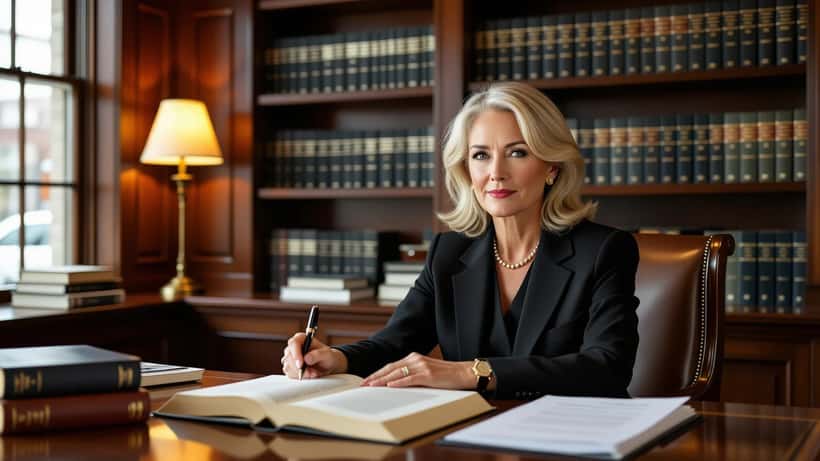 Professional woman reviewing legal documents alongside an open memoir on a Toronto lawyer's office desk