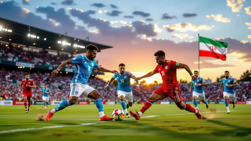 Match de football international Égypte contre Iran en 2026 dans un stade illuminé