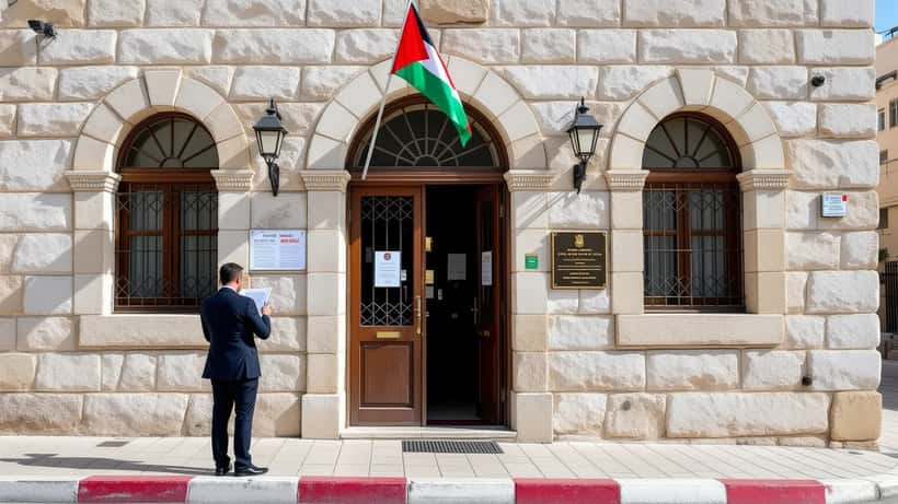 British diplomat outside East Jerusalem consulate building with Union Jack flag