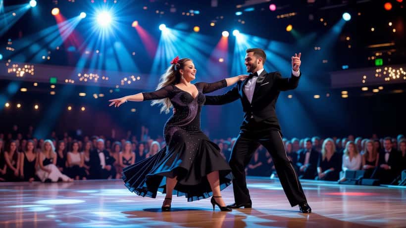 Kvinne med Down syndrom danser i glinsende kjole på TV-studio parkett med spotlys og publikum i bakgrunnen