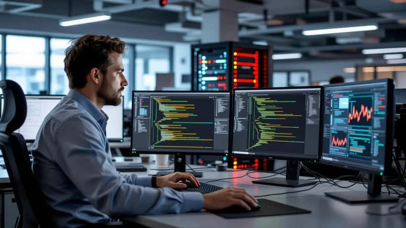 IT security analyst reviewing network breach logs on dual monitors in a corporate security operations center