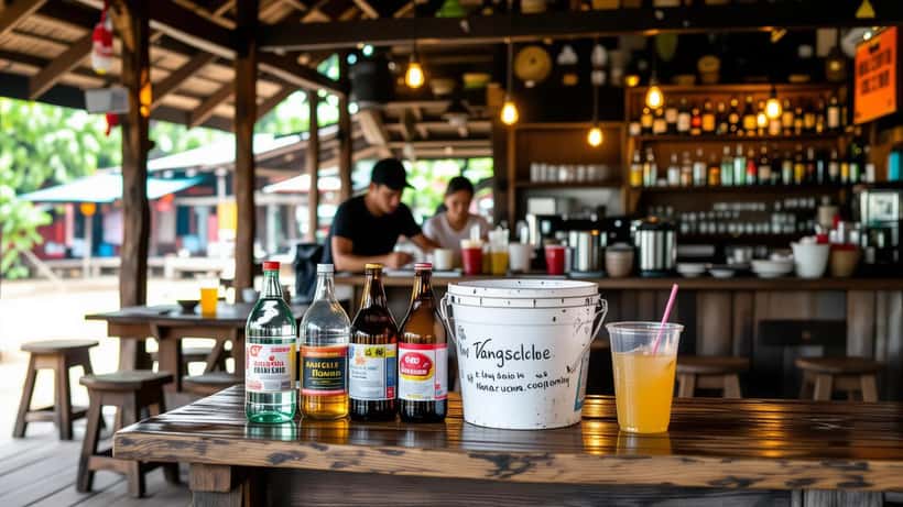 Unlabelled local rice-spirit bottles and a bucket cocktail on a dim backpacker bar counter in Laos