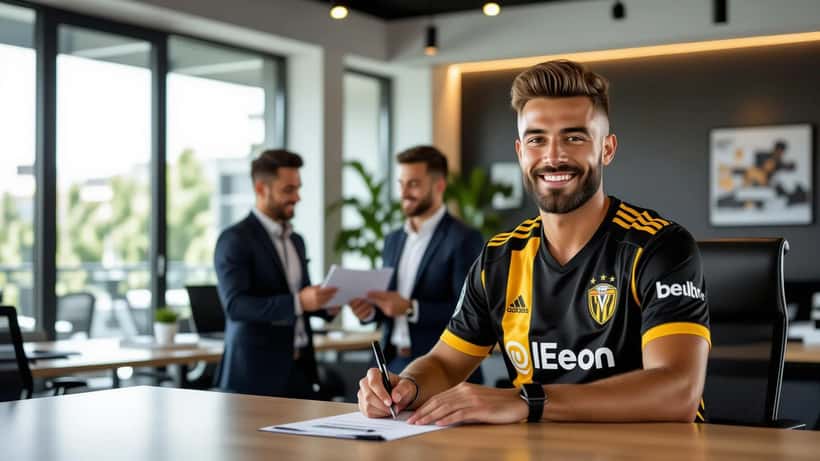 Jeune footballeur professionnel signant un contrat dans un bureau de club