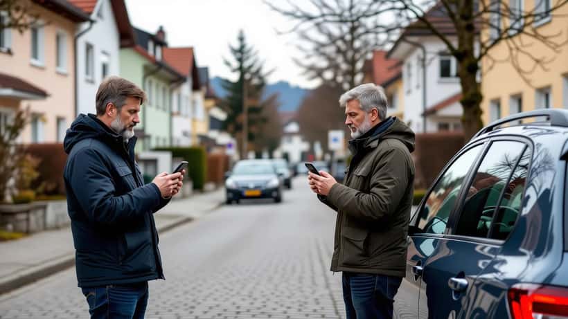 Beschädigter Autolack nach Vandalismus, tiefe Kratzspur auf dem Kotflügel