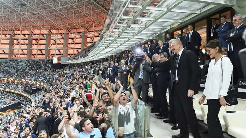 UEFA Europa League Final stadium with fans celebrating in Istanbul