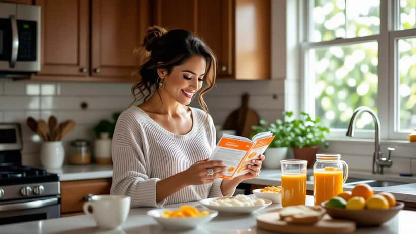 Madre latina leyendo el etiquetado de una bebida en polvo naranja en una cocina de Houston, Texas