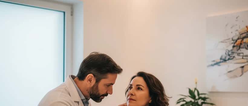 Médico otorrinolaringologista examinando as cordas vocais de um paciente em clínica portuguesa