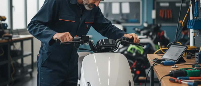Meccanico che ispeziona uno scooter elettrico in officina