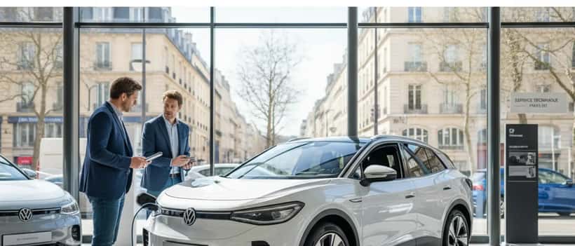 Eigenaar van elektrische Volkswagen overlegt met monteur bij dealer over terugroepactie batterijprobleem