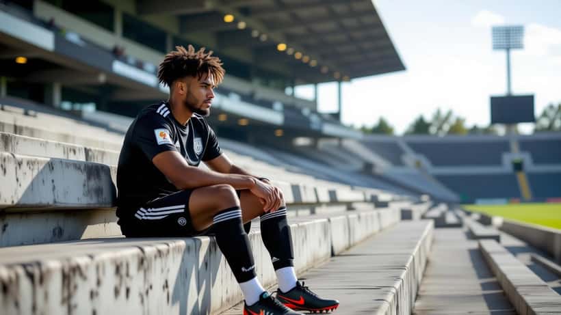 Futebolista profissional sentado sozinho no estádio, a reflectir sobre pressão e saúde mental