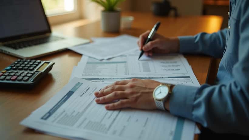 American man reviewing IRS tax forms and documents at a home office desk