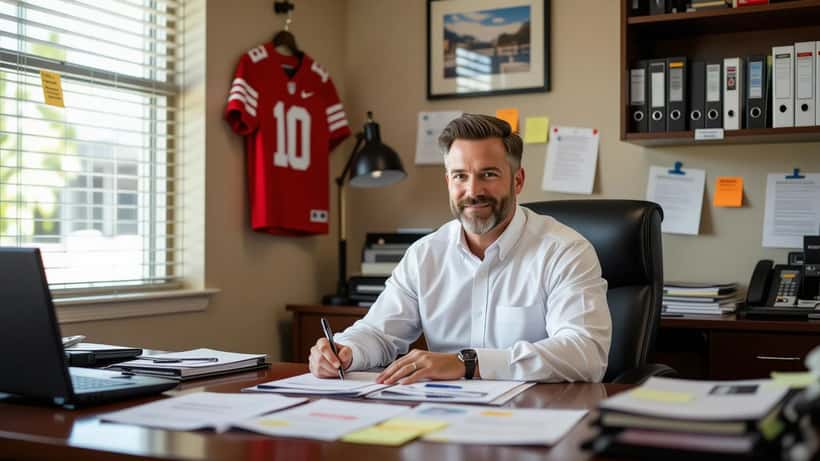 Sports attorney reviewing NIL endorsement contract documents at desk with college football jersey on wall in Columbus law office