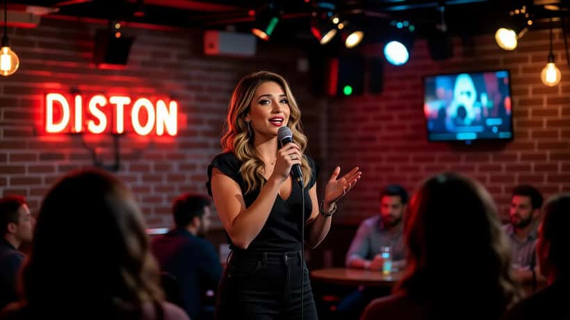 Comediante en el escenario de un club de comedia con iluminación de espectáculo
