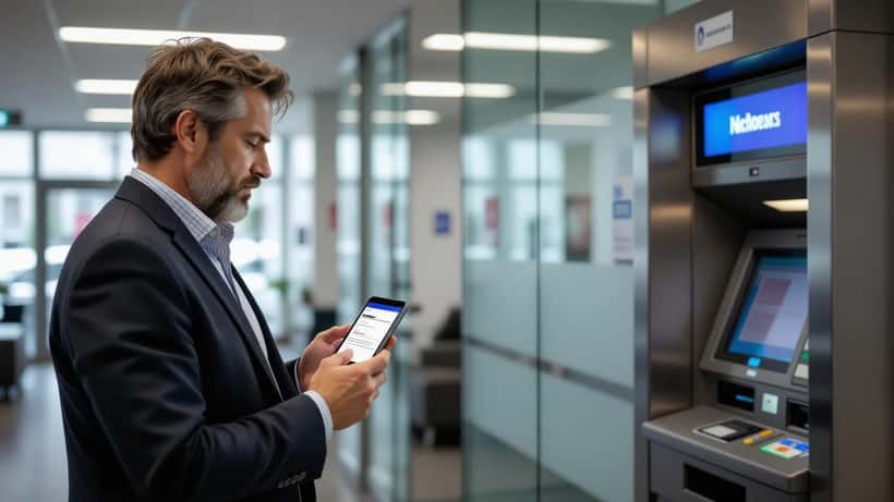 Frustrierter Mann hält Smartphone mit Banking-App-Fehler in moderner Wiener Bankfiliale