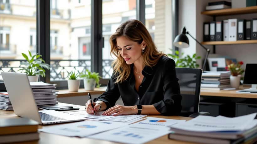 Femme entrepreneur française examinant des documents de propriété intellectuelle dans un bureau parisien