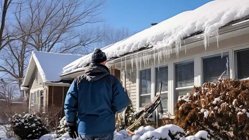 Homeowner inspecting ice-damaged gutters and roof after April 2026 winter storm in the Midwest