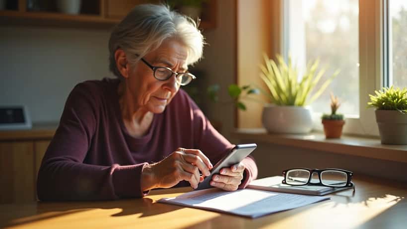 Canadian senior woman reviewing pension paperwork at kitchen table