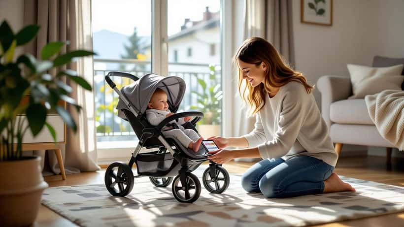 Mutter prüft Vorderrad eines Britax Römer SMILE Kinderwagens auf Defekt in Wiener Wohnung