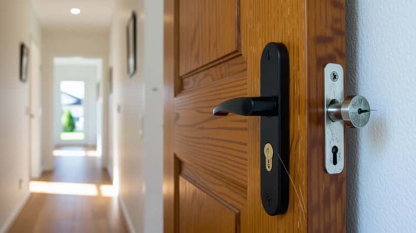 Porte d'entrée résidentielle forcée symbolisant un cambriolage en Suisse et les droits juridiques du propriétaire