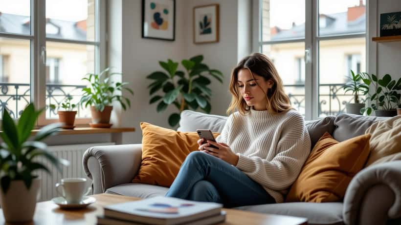 Femme consultant son smartphone avec du contenu TikTok sur le TDAH dans un appartement parisien