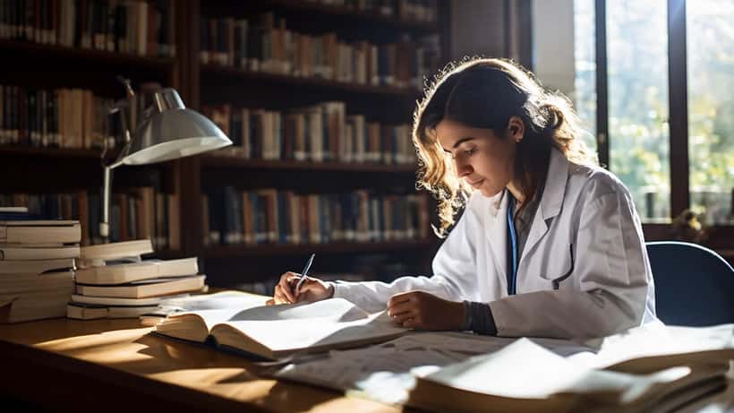 Étudiant en médecine dans une bibliothèque universitaire française avec stéthoscope et manuels d'anatomie