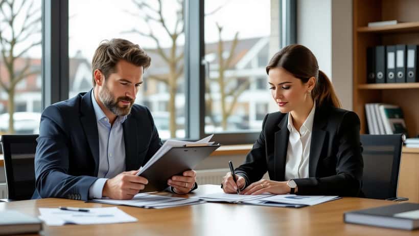 Arbeidsrechtadvocaat bespreekt vaststellingsovereenkomst met werknemer aan bureau in kantoor