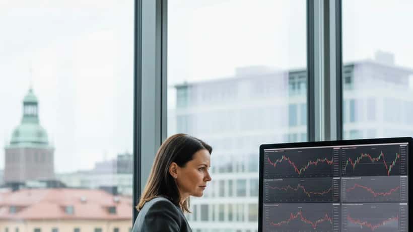 Svensk kvinna granskar investeringsportfölj med nedåtgående kurvor på datorskärm i Stockholmskontor