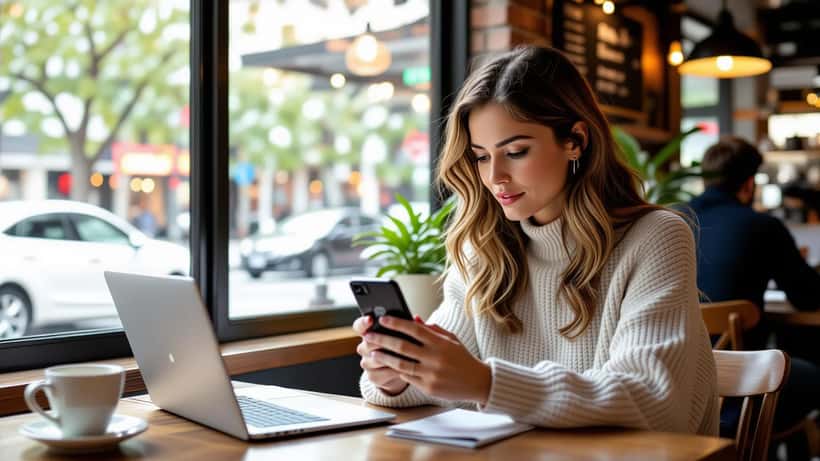 Australian woman checking smartphone privacy warning in cafe